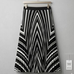 H&M​ Modern Black & White Geometric Pleated Midi Skirt - Chic Abstract Print